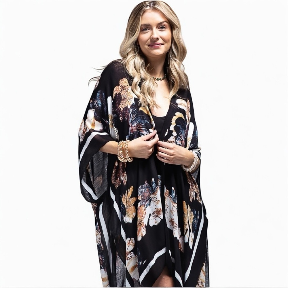Boho Flower Print Black White Gold Kimono Wrap - One Size